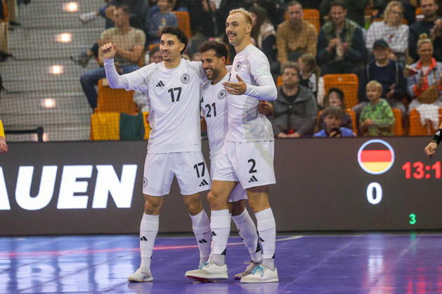October 18, 2026, xsefx, Futsal, World Cup Qualifiers, Germany vs. Lithuania, Westenergie Sports Hall, Mülheim an der Ruhr, 2026–2027 Season: Celebrations after the 1–0 goal scored by Matias Block (Germany 21), along with Kim Herterich (Germany 17) and Christopher Wittig (Germany 02). DFB regulations prohibit any use of photographs as image sequences and or quasi-video. North Rhine-Westphalia, Germany