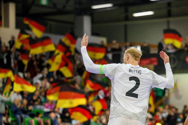 October 18, 2026, xsefx, Futsal, World Cup Qualifier, Germany vs. Lithuania, Westenergie Sports Hall, Mülheim an der Ruhr, 2026–2027 Season: Celebrations after the 3–2 goal by scorer Christopher Wittig; Germany 02 fires up the crowd. DFB regulations prohibit any use of photographs as image sequences and or quasi-video. North Rhine-Westphalia, Germany