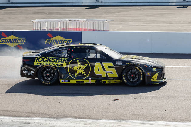 AVONDALE, AZ - OCTOBER 18: Tyler Reddick ( 45 23XI Racing ROCKSTAR ENERGY DRINK Toyota) burns out after winning the NASCAR, Motorsport, USA Cup Series Playoffs Freeway Insurance 500 on October 18, 2026, at Phoenix Raceway in Avondale, AZ. (Photo by Kevin Abele Icon Sportswire) AUTO: OCT 18 NASCAR Cup Series Playoffs Freeway Insurance 500 EDITORIAL USE ONLY Icon261018007500