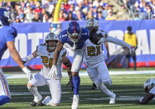 NFL, American Football Herren, USA 2026: Saints Vs Giants SEP 13 New York Giants wide receiver Malik Nabers (1) is tackled after a a catch and run during a NFL game at MetLife Stadium in East Rutherford, New Jersey. Duncan Williams CSM (Credit Image: Duncan Williams Cal Media) East Rutherford New Jersey United States EDITORIAL USE ONLY Copyright: xx ZUMA-20261018_zma_c04_147.jpg DuncanxWilliamsx csmphotothree535861