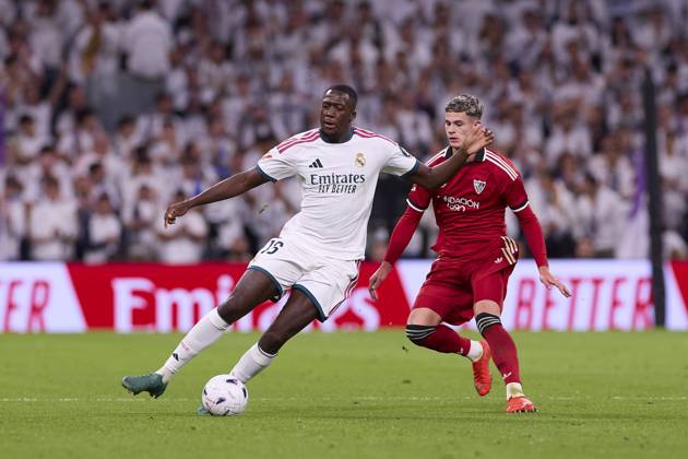 October 18, 2026, Madrid, Spain: Ibrahima Konate (Real Madrid CF) and Robert Ure (Sevilla FC) are seen in action during the LaLiga EA SPORTS 2026 2027 match between Real Madrid CF and Sevilla FC..Final score: Real Madrid CF 4-1 Sevilla FC. Madrid Spain - ZUMAs197 20261018_aaa_s197_233 Copyright: xFedericoxTitonex