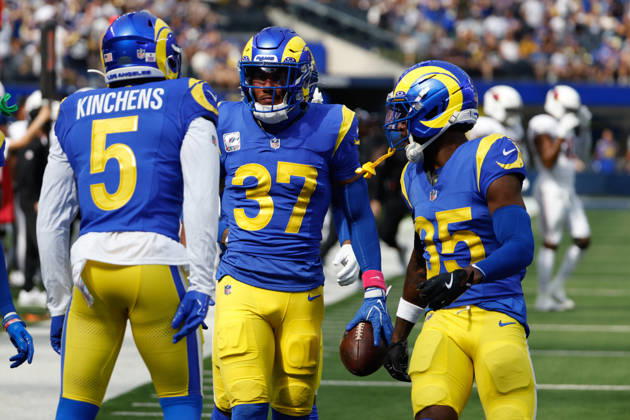 INGLEWOOD, CA - OCTOBER 18: Los Angeles Rams safety Quentin Lake (37) celebrates after and interception during the NFL, American Football Herren, USA game between the Arizona Cardinals and the Los Angeles Rams on October 18, 2026, at SoFi Stadium in Inglewood, CA. (Photo by Jevone Moore Icon Sportswire) NFL: OCT 18 Cardinals at Rams EDITORIAL USE ONLY Icon2610182866
