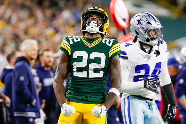 Oct 18, 2026; Green Bay, WI, USA; Green Bay Packers running back Pierre Strong Jr. (22) celebrates after making a first down during the NFL, American Football Herren, USA game against the Dallas Cowboys at Lambeau Field. Mandatory Credit: -Cal Media. Green Bay USA - ZUMAc04_ 20261018_zma_c04_412 Copyright: xDarrenxLeex