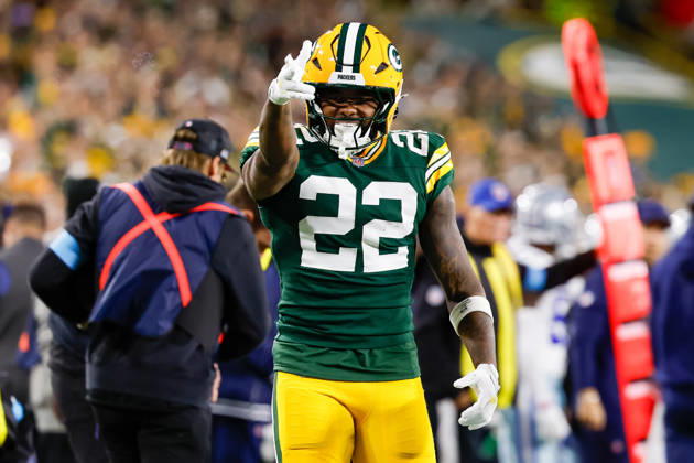 Oct 18, 2026; Green Bay, WI, USA; Green Bay Packers running back Pierre Strong Jr. (22) celebrates after making a first down during the NFL, American Football Herren, USA game against the Dallas Cowboys at Lambeau Field. Mandatory Credit: -Cal Media. Green Bay USA - ZUMAc04_ 20261018_zma_c04_416 Copyright: xDarrenxLeex