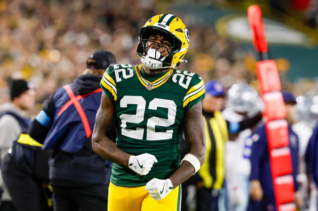 Oct 18, 2026; Green Bay, WI, USA; Green Bay Packers running back Pierre Strong Jr. (22) celebrates after making a first down during the NFL, American Football Herren, USA game against the Dallas Cowboys at Lambeau Field. Mandatory Credit: -Cal Media. Green Bay USA - ZUMAc04_ 20261018_zma_c04_423 Copyright: xDarrenxLeex