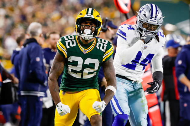 Oct 18, 2026; Green Bay, WI, USA; Green Bay Packers running back Pierre Strong Jr. (22) celebrates after making a first down during the NFL, American Football Herren, USA game against the Dallas Cowboys at Lambeau Field. Mandatory Credit: -Cal Media. Green Bay USA - ZUMAc04_ 20261018_zma_c04_434 Copyright: xDarrenxLeex