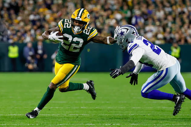 Oct 18, 2026; Green Bay, WI, USA; Green Bay Packers running back Pierre Strong Jr. (22) runs after making a catch during the NFL, American Football Herren, USA game against the Dallas Cowboys at Lambeau Field. Mandatory Credit: -Cal Media. Green Bay USA - ZUMAc04_ 20261018_zma_c04_428 Copyright: xDarrenxLeex