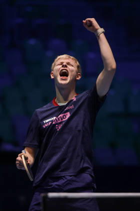 (261019) -- LJUBLJANA, Oct. 19, 2026 -- Felix Lebrun of France celebrates after winning the men s singles final of the European Table tennis, Tischtennis Championships against Anton Kallberg of Sweden at Stozice Sports Hall in Ljubljana, Slovenia, Oct. 18, 2026. (Photo by Xinhua) (SP)SLOVENIA-LJUBLJANA-TABLE TENNIS-EUROPEAN CHAMPIONSHIPS-MEN S SINGLES FINAL ZeljkoxStevanic