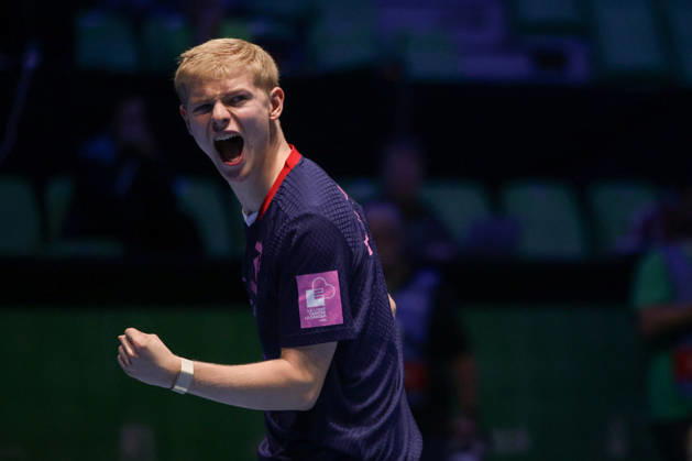 (261019) -- LJUBLJANA, Oct. 19, 2026 -- Felix Lebrun of France celebrates a point during the men s singles final of the European Table tennis, Tischtennis Championships against Anton Kallberg of Sweden at Stozice Sports Hall in Ljubljana, Slovenia, Oct. 18, 2026. (Photo by Xinhua) (SP)SLOVENIA-LJUBLJANA-TABLE TENNIS-EUROPEAN CHAMPIONSHIPS-MEN S SINGLES FINAL ZeljkoxStevanic