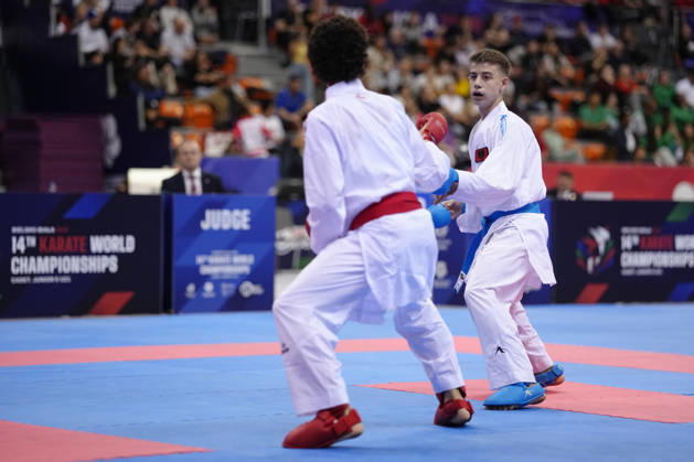 2026 World Cadet, Junior & U21, U 21 Karate Championships BIELSKO-BIALA, POLAND - OCTOBER 17: Neevis Hasani of Albania (R) competes in the junior male kumite -55kg bronze-medal bout during the 2026 World Cadet, Junior & U21 Karate Championships at Hala Pod Debowcem on October 17, 2026 in Bielsko-Biala, Poland. Bielsko-Biala Hala Pod Debowcem Poland Copyright: x2026xKaratexInsights PSxImagesxKjetilxWaber KaratexInsightsx