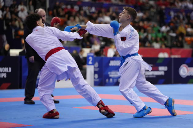 2026 World Cadet, Junior & U21, U 21 Karate Championships BIELSKO-BIALA, POLAND - OCTOBER 17: Neevis Hasani of Albania (R) competes in the junior male kumite -55kg bronze-medal bout during the 2026 World Cadet, Junior & U21 Karate Championships at Hala Pod Debowcem on October 17, 2026 in Bielsko-Biala, Poland. Bielsko-Biala Hala Pod Debowcem Poland Copyright: x2026xKaratexInsights PSxImagesxKjetilxWaber KaratexInsightsx