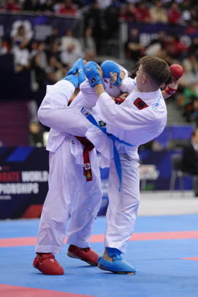 2026 World Cadet, Junior & U21, U 21 Karate Championships BIELSKO-BIALA, POLAND - OCTOBER 17: Neevis Hasani of Albania (R) competes in the junior male kumite -55kg bronze-medal bout during the 2026 World Cadet, Junior & U21 Karate Championships at Hala Pod Debowcem on October 17, 2026 in Bielsko-Biala, Poland. Bielsko-Biala Hala Pod Debowcem Poland Copyright: x2026xKaratexInsights PSxImagesxKjetilxWaber KaratexInsightsx
