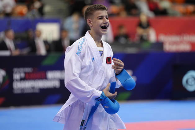 2026 World Cadet, Junior & U21, U 21 Karate Championships BIELSKO-BIALA, POLAND - OCTOBER 17: Neevis Hasani of Albania celebrates after winning the junior male kumite -55kg bronze-medal bout at the 2026 World Cadet, Junior & U21 Karate Championships at Hala Pod Debowcem on October 17, 2026 in Bielsko-Biala, Poland. Bielsko-Biala Hala Pod Debowcem Poland Copyright: x2026xKaratexInsights PSxImagesxKjetilxWaber KaratexInsightsx