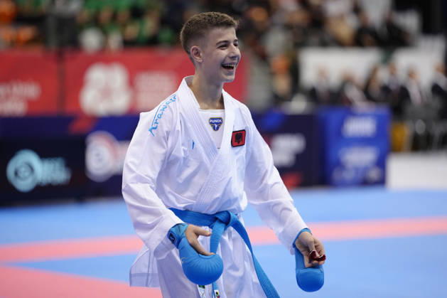 2026 World Cadet, Junior & U21, U 21 Karate Championships BIELSKO-BIALA, POLAND - OCTOBER 17: Neevis Hasani of Albania celebrates after winning the junior male kumite -55kg bronze-medal bout at the 2026 World Cadet, Junior & U21 Karate Championships at Hala Pod Debowcem on October 17, 2026 in Bielsko-Biala, Poland. Bielsko-Biala Hala Pod Debowcem Poland Copyright: x2026xKaratexInsights PSxImagesxKjetilxWaber KaratexInsightsx