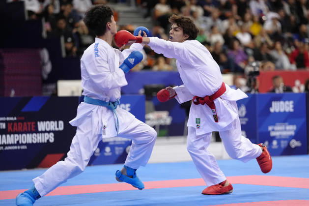 2026 World Cadet, Junior & U21, U 21 Karate Championships BIELSKO-BIALA, POLAND - OCTOBER 17: Denis Dobrovolschi of Moldova (L) competes against Vladyslav Kanivets of Ukraine during the junior male kumite -68kg bronze-medal bout at the 2026 World Cadet, Junior & U21 Karate Championships at Hala Pod Debowcem on October 17, 2026 in Bielsko-Biala, Poland. Bielsko-Biala Hala Pod Debowcem Poland Copyright: x2026xKaratexInsights PSxImagesxKjetilxWaber KaratexInsightsx