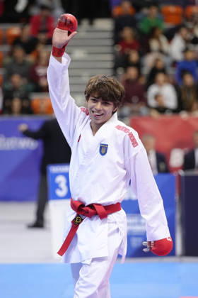 2026 World Cadet, Junior & U21, U 21 Karate Championships BIELSKO-BIALA, POLAND - OCTOBER 17: Vladyslav Kanivets of Ukraine celebrates after winning the junior male kumite -68kg bronze-medal bout at the 2026 World Cadet, Junior & U21 Karate Championships at Hala Pod Debowcem on October 17, 2026 in Bielsko-Biala, Poland. Bielsko-Biala Hala Pod Debowcem Poland Copyright: x2026xKaratexInsights PSxImagesxKjetilxWaber KaratexInsightsx