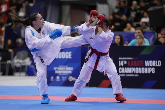 2026 World Cadet, Junior & U21, U 21 Karate Championships BIELSKO-BIALA, POLAND - OCTOBER 17: Vieronika Kotenko of Ukraine (L) competes against Nadira Garcia Ruiz of Spain during the junior female kumite -48kg bronze-medal bout at the 2026 World Cadet, Junior & U21 Karate Championships at Hala Pod Debowcem on October 17, 2026 in Bielsko-Biala, Poland. Bielsko-Biala Hala Pod Debowcem Poland Copyright: x2026xKaratexInsights PSxImagesxKjetilxWaber KaratexInsightsx