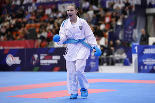 2026 World Cadet, Junior & U21, U 21 Karate Championships BIELSKO-BIALA, POLAND - OCTOBER 17: Vieronika Kotenko of Ukraine reacts during the junior female kumite -48kg bronze-medal bout at the 2026 World Cadet, Junior & U21 Karate Championships at Hala Pod Debowcem on October 17, 2026 in Bielsko-Biala, Poland. Bielsko-Biala Hala Pod Debowcem Poland Copyright: x2026xKaratexInsights PSxImagesxKjetilxWaber KaratexInsightsx