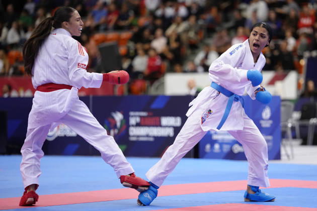 2026 World Cadet, Junior & U21, U 21 Karate Championships BIELSKO-BIALA, POLAND - OCTOBER 17: Ilaria Bianco of Italy (L) competes against Setayesh Ghanei Fard of Iran during the junior female kumite -53kg bronze-medal bout at the 2026 World Cadet, Junior & U21 Karate Championships at Hala Pod Debowcem on October 17, 2026 in Bielsko-Biala, Poland. Bielsko-Biala Hala Pod Debowcem Poland Copyright: x2026xKaratexInsights PSxImagesxKjetilxWaber KaratexInsightsx