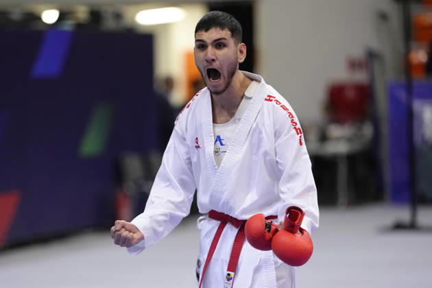 2026 World Cadet, Junior & U21, U 21 Karate Championships BIELSKO-BIALA, POLAND - OCTOBER 17: Armando Muca of Albania celebrates after winning the junior male kumite -76kg bronze-medal bout at the 2026 World Cadet, Junior & U21 Karate Championships at Hala Pod Debowcem on October 17, 2026 in Bielsko-Biala, Poland. Bielsko-Biala Hala Pod Debowcem Poland Copyright: x2026xKaratexInsights PSxImagesxKjetilxWaber KaratexInsightsx