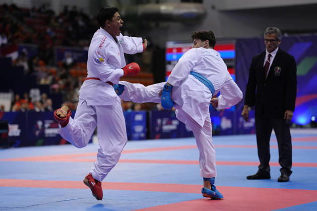 2026 World Cadet, Junior & U21, U 21 Karate Championships BIELSKO-BIALA, POLAND - OCTOBER 17: Joao Vitor Souza of Brazil (L) competes against Michal Przasnyski of Poland during the junior male kumite +76kg bronze-medal bout at the 2026 World Cadet, Junior & U21 Karate Championships at Hala Pod Debowcem on October 17, 2026 in Bielsko-Biala, Poland. Bielsko-Biala Hala Pod Debowcem Poland Copyright: x2026xKaratexInsights PSxImagesxKjetilxWaber KaratexInsightsx