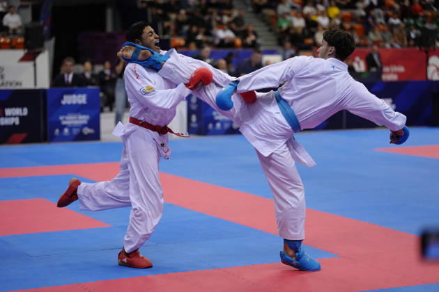 2026 World Cadet, Junior & U21, U 21 Karate Championships BIELSKO-BIALA, POLAND - OCTOBER 17: Joao Vitor Souza of Brazil (L) competes against Michal Przasnyski of Poland during the junior male kumite +76kg bronze-medal bout at the 2026 World Cadet, Junior & U21 Karate Championships at Hala Pod Debowcem on October 17, 2026 in Bielsko-Biala, Poland. Bielsko-Biala Hala Pod Debowcem Poland Copyright: x2026xKaratexInsights PSxImagesxKjetilxWaber KaratexInsightsx