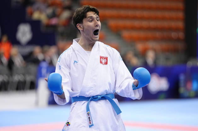 2026 World Cadet, Junior & U21, U 21 Karate Championships BIELSKO-BIALA, POLAND - OCTOBER 17: Michal Przasnyski of Poland reacts during the junior male kumite +76kg bronze-medal bout at the 2026 World Cadet, Junior & U21 Karate Championships at Hala Pod Debowcem on October 17, 2026 in Bielsko-Biala, Poland. Bielsko-Biala Hala Pod Debowcem Poland Copyright: x2026xKaratexInsights PSxImagesxKjetilxWaber KaratexInsightsx