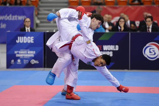 2026 World Cadet, Junior & U21, U 21 Karate Championships BIELSKO-BIALA, POLAND - OCTOBER 17: Michal Przasnyski of Poland (L) competes against Joao Vitor Souza of Brazil during the junior male kumite +76kg bronze-medal bout at the 2026 World Cadet, Junior & U21 Karate Championships at Hala Pod Debowcem on October 17, 2026 in Bielsko-Biala, Poland. Bielsko-Biala Hala Pod Debowcem Poland Copyright: x2026xKaratexInsights PSxImagesxKjetilxWaber KaratexInsightsx