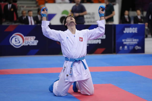 2026 World Cadet, Junior & U21, U 21 Karate Championships BIELSKO-BIALA, POLAND - OCTOBER 17: Michal Przasnyski of Poland celebrates after winning the junior male kumite +76kg bronze-medal bout at the 2026 World Cadet, Junior & U21 Karate Championships at Hala Pod Debowcem on October 17, 2026 in Bielsko-Biala, Poland. Bielsko-Biala Hala Pod Debowcem Poland Copyright: x2026xKaratexInsights PSxImagesxKjetilxWaber KaratexInsightsx