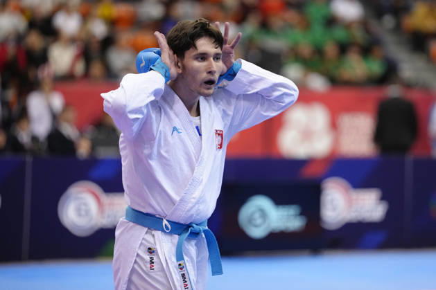 2026 World Cadet, Junior & U21, U 21 Karate Championships BIELSKO-BIALA, POLAND - OCTOBER 17: Michal Przasnyski of Poland celebrates after winning the junior male kumite +76kg bronze-medal bout at the 2026 World Cadet, Junior & U21 Karate Championships at Hala Pod Debowcem on October 17, 2026 in Bielsko-Biala, Poland. Bielsko-Biala Hala Pod Debowcem Poland Copyright: x2026xKaratexInsights PSxImagesxKjetilxWaber KaratexInsightsx