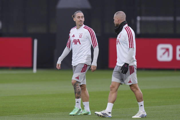 Liverpool Training, Champions League Konstantinos Tsimikas of Liverpool FC speaks with Alexis Mac Allister of Liverpool FC as they walk out to train during the Liverpool Training Session ahead of the UEFA Champions League Matchday 3 v Villarreal CF, AXA Training Centre, Liverpool, United Kingdom on 19 October 2026 Credit: Steve Flynn Every Second Media Editorial use only. All images are copyright Every Second Media Limited. No images may be reproduced without prior permission. Copyright: xIMAGO EveryxSecondxMediax ESM-2242-0011 StevexFlynnx xEveryxSecondxMediax