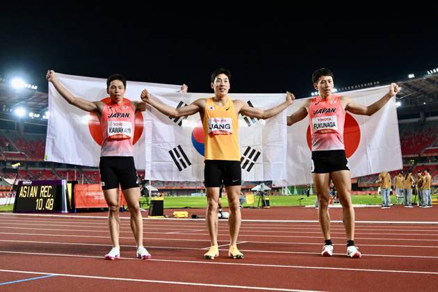 (L-R) Shuta Kawakami (JPN), JANG Minho (KOR), Ryota Fukunaga (JPN), OCTOBER 20, 2026 - Para Athletics : Mens 100m T13 final during the Asian Para Games Aichi-Nagoya 2026 at Nagoya City Mizuho Park Athletic Stadium in Aichi, Japan. Noxthirdxpartyxsales  aflo_357577115 KenjiroxMatsuox