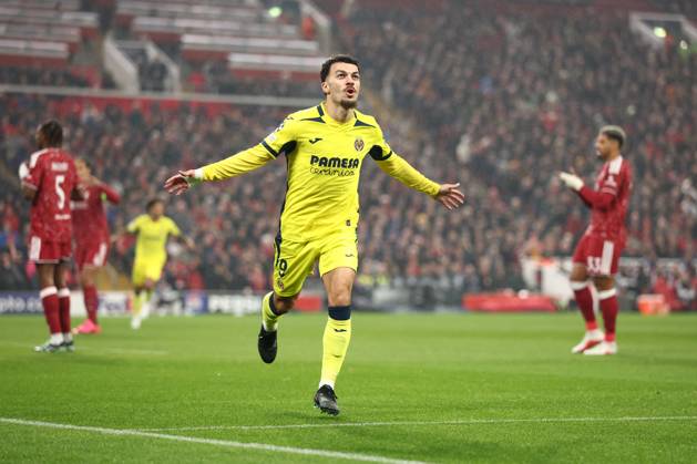 Georges Mikautadze of Villarreal scores a goal and celebrates. Liverpool v Villarreal, UEFA Champions League, Football, Anfield, Liverpool, UK - 20 Oct 2026Liverpool Anfield United Kingdom  Copyright: xRYANxBROWNE Shutterstockx 17226440af