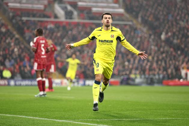 Georges Mikautadze of Villarreal scores a goal and celebrates. Liverpool v Villarreal, UEFA Champions League, Football, Anfield, Liverpool, UK - 20 Oct 2026Liverpool Anfield United Kingdom  Copyright: xRYANxBROWNE Shutterstockx 17226440ae
