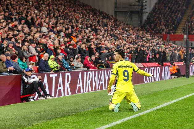UEFA Champions League Matchday 3 of 8 Liverpool v Villarreal Georges Mikautadze of Villarreal celebrates his goal to make it 0-1 during the UEFA Champions League Matchday 3 of 8 match Liverpool vs Villarreal at Anfield, Liverpool, United Kingdom on 20 October 2026 (Photo by Alfie Cosgrove News Images) Liverpool Anfield Merseyside United Kingdom Copyright: xAlfiexCosgrove NewsxImagesx