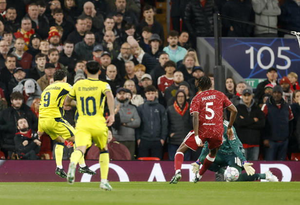 Liverpool, England, 20th October 2026. Georges Mikautadze of Villarreal scores the first goal during the Liverpool vs Villarreal UEFA Champions League match at Anfield, Liverpool. Picture credit should read: Cody Froggatt Sportimage EDITORIAL USE ONLY. No use with unauthorised audio, video, data, fixture lists, club league logos or live services. Online in-match use limited to 120 images, no video emulation. No use in betting, games or single club league player publications. SPI_013_CF_LIVERPOOL_VILLARREAL SPI-5089-0011