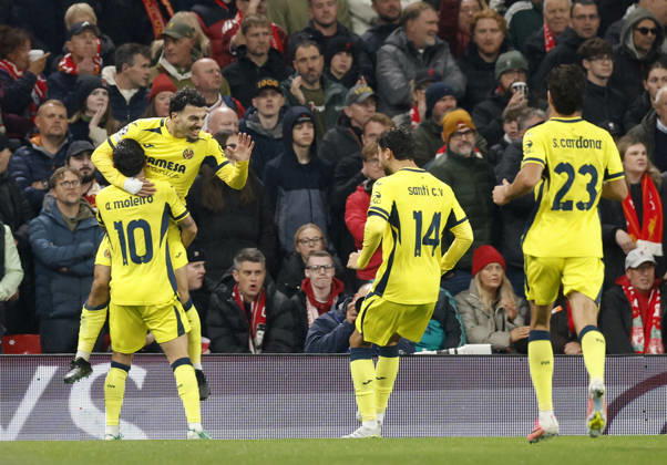Liverpool, England, 20th October 2026. Georges Mikautadze of Villarreal celebrates scoring the first goal during the Liverpool vs Villarreal UEFA Champions League match at Anfield, Liverpool. Picture credit should read: Cody Froggatt Sportimage EDITORIAL USE ONLY. No use with unauthorised audio, video, data, fixture lists, club league logos or live services. Online in-match use limited to 120 images, no video emulation. No use in betting, games or single club league player publications. SPI_012_CF_LIVERPOOL_VILLARREAL SPI-5089-0013