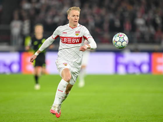 Chris Fuehrich of VfB Stuttgart controls the ball during the 2026–2027 UEFA Champions League match between Stuttgart and Atlético de Madrid at Arena Stuttgart on October 20, 2026, in Stuttgart, Germany. Photo by Harry Langer, DeFodi Images