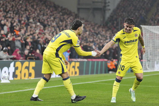 Liverpool v Villarreal CF, UEFA Champions League Georges Mikautadze of Villarreal CF celebrates with Alberto Moleiro of Villarreal CF after scoring to make it 0-1 during Liverpool v Villarreal CF UEFA Champions League Matchday 3 at Anfield, Liverpool, England on 20 October 2026 Credit: Steve Flynn Every Second Media Editorial use only. All images are copyright Every Second Media Limited. No images may be reproduced without prior permission. Copyright: xIMAGO EveryxSecondxMediax ESM-2239-0036 StevexFlynnx xEveryxSecondxMediax