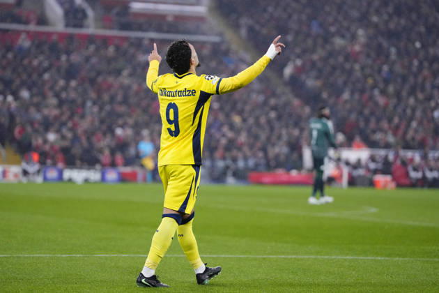 Liverpool FC v Villarreal CF - UEFA Champions League 2026 27 League Phase MD3 LIVERPOOL, ENGLAND - OCTOBER 20: Georges Mikautadze centre-forward of Villarreal and Georgia celebrates after scoring his sides first goal during the UEFA Champions League 2026 27 League Phase MD3 match between Liverpool FC and Villarreal CF at Anfield on October 20, 2026 in Liverpool, United Kingdom. Jose Hernandez Anadolu Liverpool United Kingdom. Editorial use only. Please get in touch for any other usage.  Copyright: x2026xAnadoluxJosexHernandezx