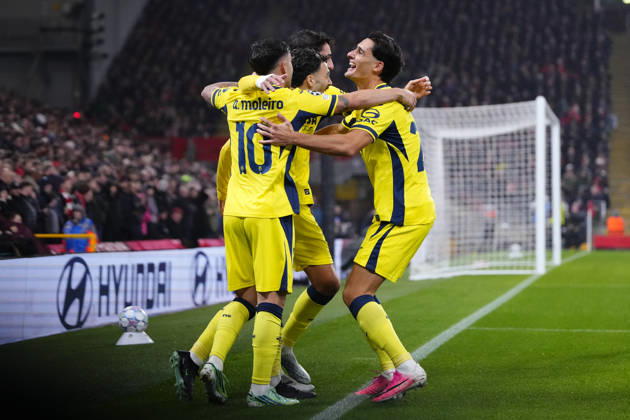 Liverpool FC v Villarreal CF - UEFA Champions League 2026 27 League Phase MD3 LIVERPOOL, ENGLAND - OCTOBER 20: Georges Mikautadze centre-forward of Villarreal and Georgia celebrates after scoring his sides first goal during the UEFA Champions League 2026 27 League Phase MD3 match between Liverpool FC and Villarreal CF at Anfield on October 20, 2026 in Liverpool, United Kingdom. Jose Hernandez Anadolu Liverpool United Kingdom. Editorial use only. Please get in touch for any other usage.  Copyright: x2026xAnadoluxJosexHernandezx