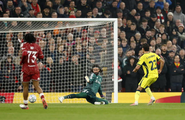 Liverpool, England, 20th October 2026. Sergi Cardona of Villarreal scores their second goal during the Liverpool vs Villarreal UEFA Champions League match at Anfield, Liverpool. Picture credit should read: Cody Froggatt Sportimage EDITORIAL USE ONLY. No use with unauthorised audio, video, data, fixture lists, club league logos or live services. Online in-match use limited to 120 images, no video emulation. No use in betting, games or single club league player publications. SPI_015_CF_LIVERPOOL_VILLARREAL SPI-5089-0015