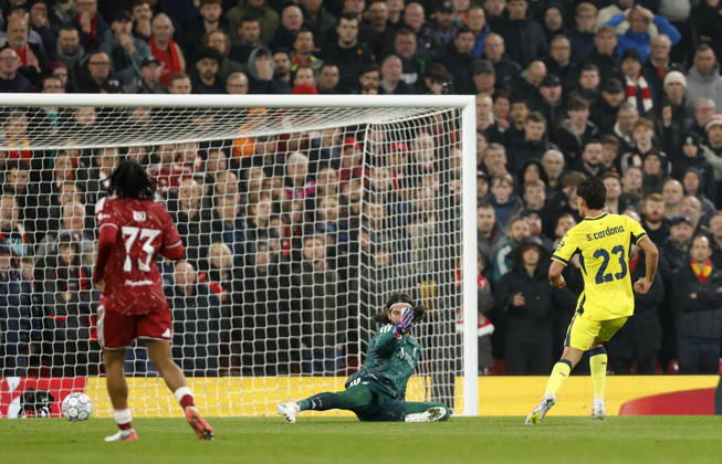 Liverpool, England, 20th October 2026. Sergi Cardona of Villarreal scores their second goal during the Liverpool vs Villarreal UEFA Champions League match at Anfield, Liverpool. Picture credit should read: Cody Froggatt Sportimage EDITORIAL USE ONLY. No use with unauthorised audio, video, data, fixture lists, club league logos or live services. Online in-match use limited to 120 images, no video emulation. No use in betting, games or single club league player publications. SPI_016_CF_LIVERPOOL_VILLARREAL SPI-5089-0016