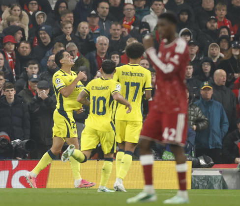 Liverpool, England, 20th October 2026. Sergi Cardona of Villarreal celebrates scoring their second goal during the Liverpool vs Villarreal UEFA Champions League match at Anfield, Liverpool. Picture credit should read: Cody Froggatt Sportimage EDITORIAL USE ONLY. No use with unauthorised audio, video, data, fixture lists, club league logos or live services. Online in-match use limited to 120 images, no video emulation. No use in betting, games or single club league player publications. SPI_017_CF_LIVERPOOL_VILLARREAL SPI-5089-0017
