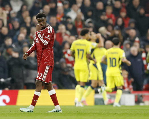 Liverpool, England, 20th October 2026. Trey Nyoni of Liverpool dejected following the second Villarreal goal during the Liverpool vs Villarreal UEFA Champions League match at Anfield, Liverpool. Picture credit should read: Cody Froggatt Sportimage EDITORIAL USE ONLY. No use with unauthorised audio, video, data, fixture lists, club league logos or live services. Online in-match use limited to 120 images, no video emulation. No use in betting, games or single club league player publications. SPI_018_CF_LIVERPOOL_VILLARREAL SPI-5089-0018