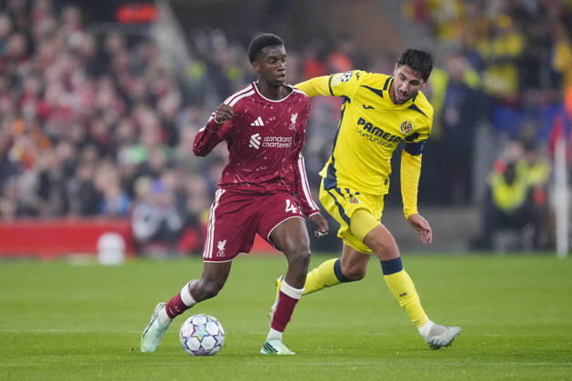 Liverpool FC v Villarreal CF - UEFA Champions League LIVERPOOL, UNITED KINGDOM - OCTOBER 20:Trey Nyoni central midfield of Liverpool and England and Santi Comesana central midfield of Villarreal and Spain compete for the ball during the UEFA Champions League 2026 27 League Phase MD3 match between Liverpool FC and Villarreal CF at Anfield on October 20, 2026 in Liverpool, United Kingdom. Jose Hernandez Anadolu Liverpool United Kingdom. Editorial use only. Please get in touch for any other usage. Copyright: x2026xAnadoluxJosexHernandezx
