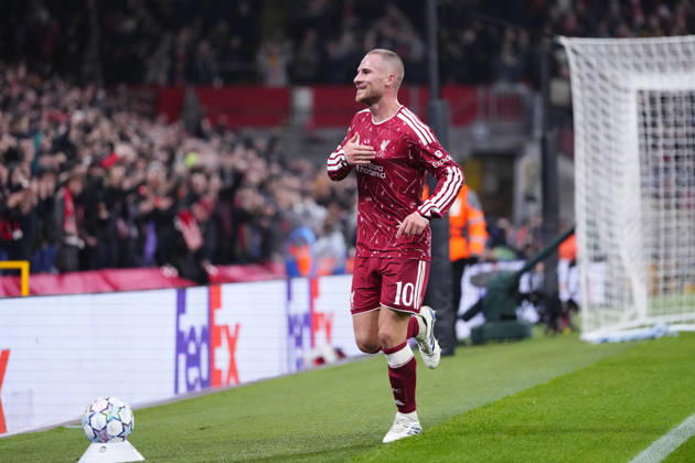 Liverpool FC v Villarreal CF - UEFA Champions League LIVERPOOL, UNITED KINGDOM - OCTOBER 20: Alexis Mac Allister of Liverpool celebrates after scoring his sides first goal during the UEFA Champions League match between Liverpool FC and Villarreal CF at Anfield on October 20, 2026 in Liverpool, United Kingdom. Jose Hernandez Anadolu Liverpool United Kingdom. Editorial use only. Please get in touch for any other usage. Copyright: x2026xAnadoluxJosexHernandezx