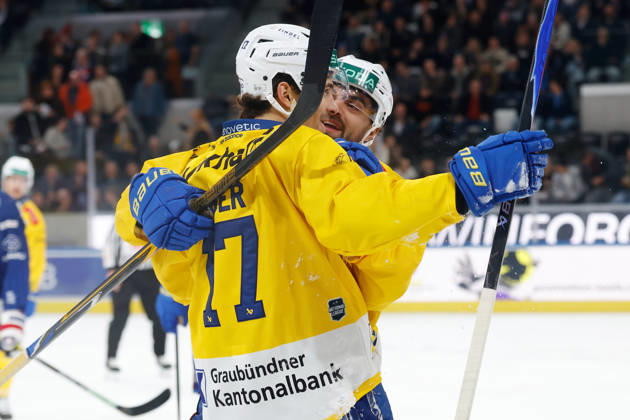 October 20, 2026, Swiss Life Arena, Zurich, SWITZERLAND, 2026–2027 Season, Men s Ice Hockey National League, ZSC Lions vs. HC Davos, Goal Celebration, Ken Jaeger, Frederic Allard, HC Davos