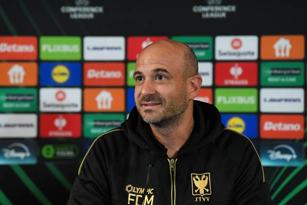 STVV s head coach Frederic De Meyer pictured during a press conference, PK, Pressekonferenz of Belgian soccer team Sint-Truidense VV, Wednesday 21 October 2026 in Herning, Denmark, in preparation of tomorrow s game against Danish FC Midtjylland on the second day of the UEFA Conference League league phase. JILLxDELSAUX  x190514583x