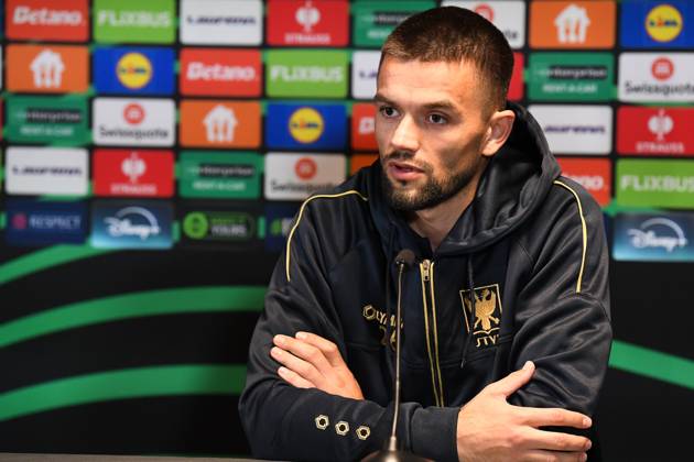 STVV s Visar Musliu pictured during a press conference, PK, Pressekonferenz of Belgian soccer team Sint-Truidense VV, Wednesday 21 October 2026 in Herning, Denmark, in preparation of tomorrow s game against Danish FC Midtjylland on the second day of the UEFA Conference League league phase. JILLxDELSAUX  x190514616x
